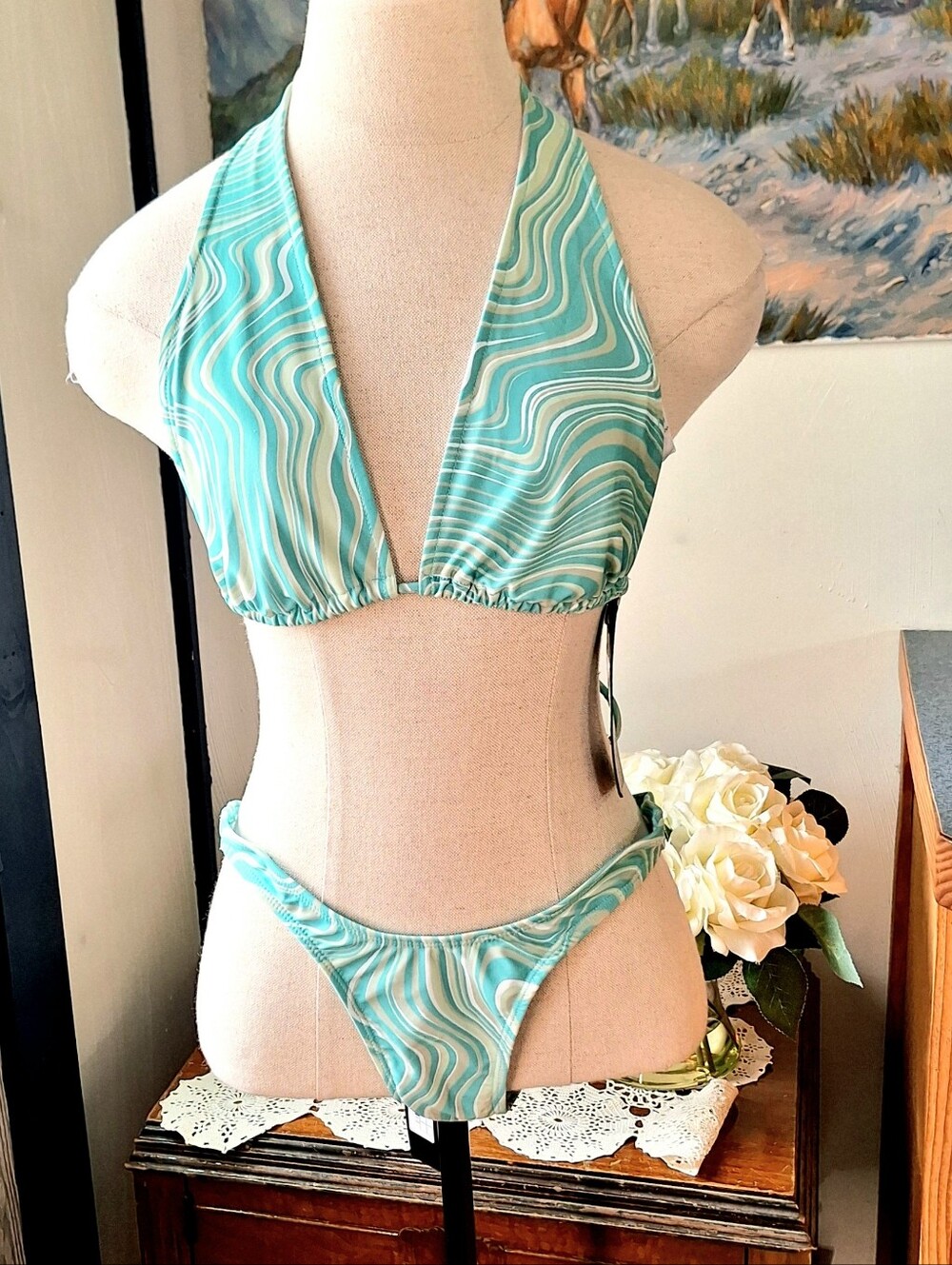 MOTEL Rocks "70s Ripple Green" Swirl Bikini, Cerry Top L, Farida Bottom XS, NWT